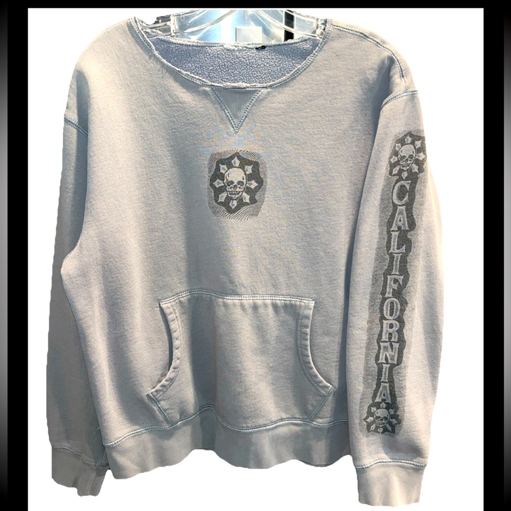 SKULL gray burnout SWEATSHIRT emo CALIFORNIA Raw Neckline mens Large Biker moto